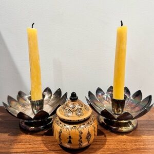 Set of beautiful silver plate vintage lotus flower candle holders
